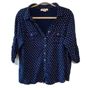 Liz Claiborne Womens Plus Size 1X Blue White Polka Dot Tab Sleeve Blouse Top
